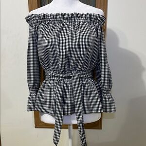 Highline Collective Black and White Gingham Off Shoulder Belted Crop Top Small